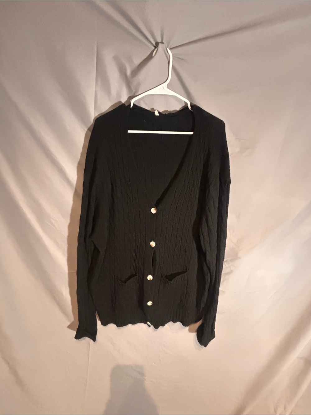 Black Cable Knit Button Front Women’s Cardigan Sweater (3XL) Pockets Thick Cozy